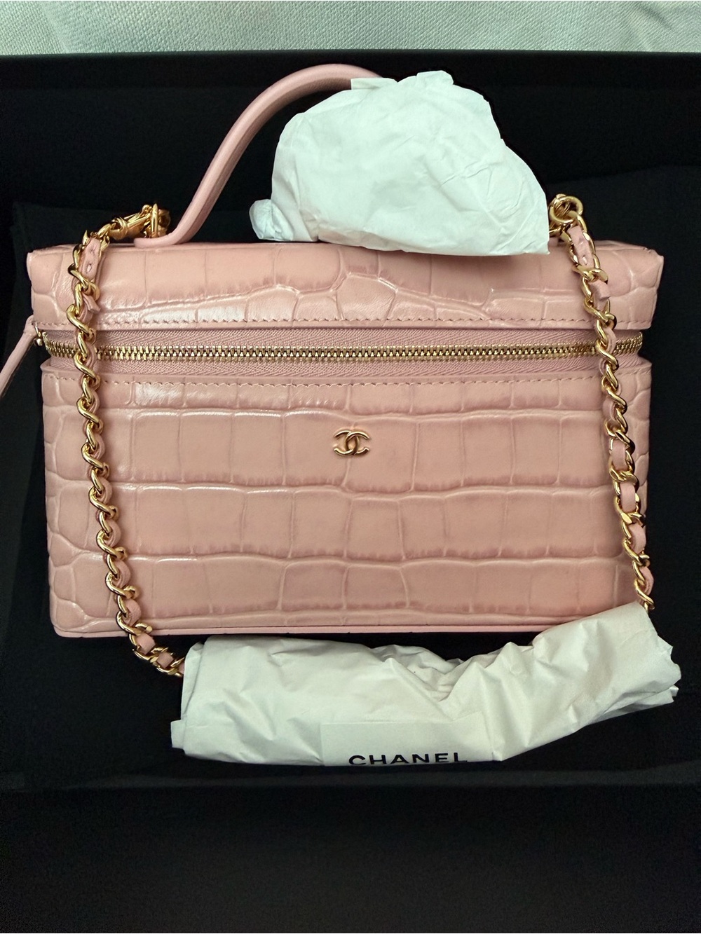 CHANEL Pink Croc-Embossed Slim Vanity Bag with Gold Chain